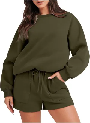 2 Piece Outfits Sweatsuit For Women Oversized Crewneck Sweatshirt & Lounge Shorts Set 2023 Fall Fashion Tracksuit