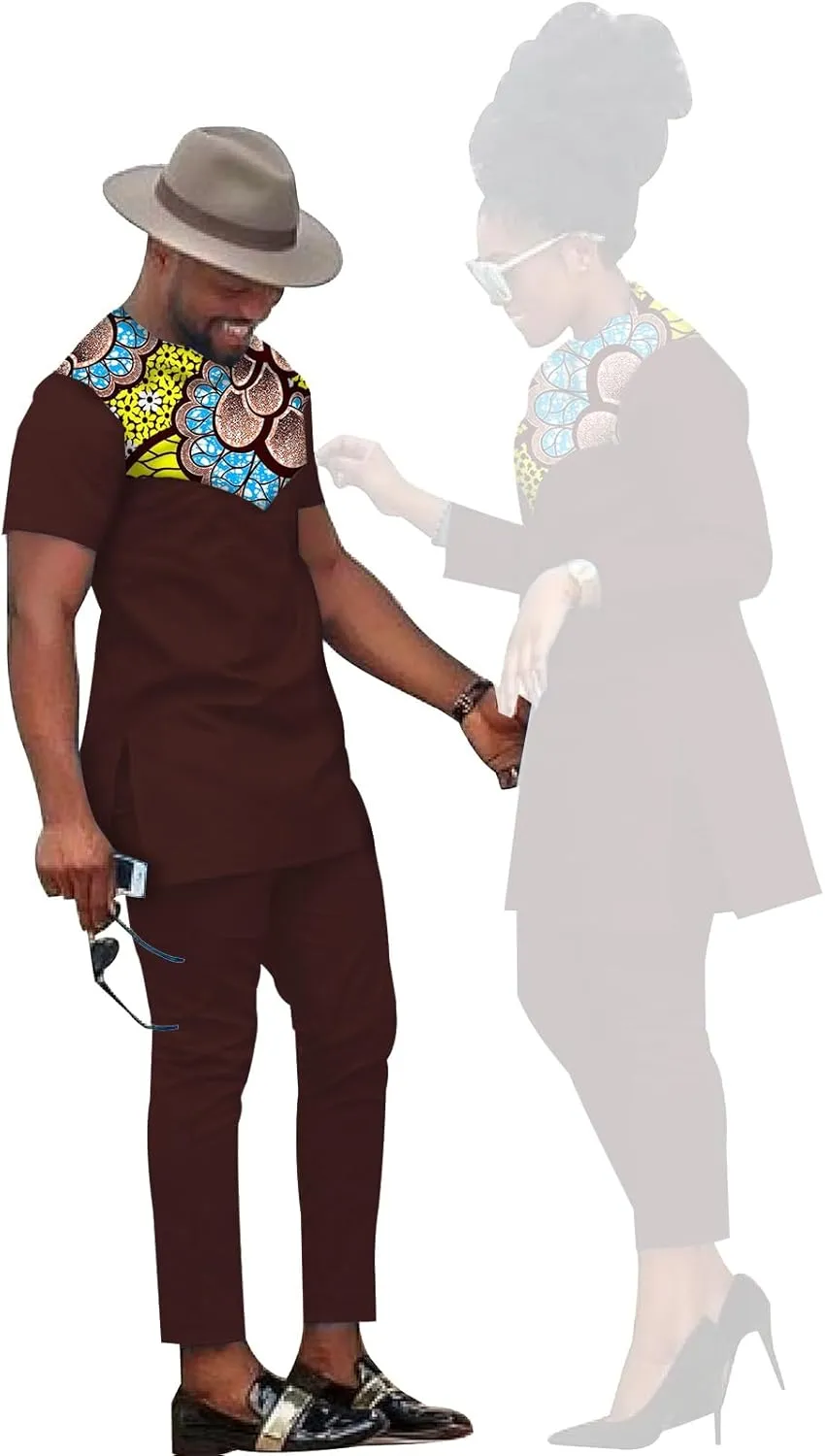 African Coupleswear Women's Ankara Printed Top and Trousers Set Bazin Riche Men's Matching Top and Trousers Set