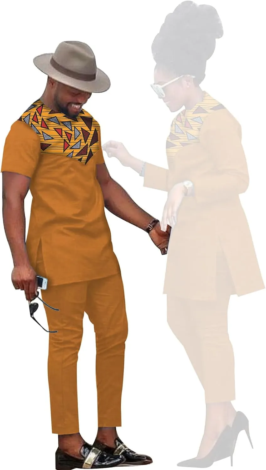 African Coupleswear Women's Ankara Printed Top and Trousers Set Bazin Riche Men's Matching Top and Trousers Set