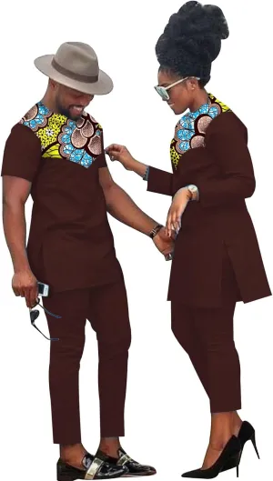 African Coupleswear Women's Ankara Printed Top and Trousers Set Bazin Riche Men's Matching Top and Trousers Set
