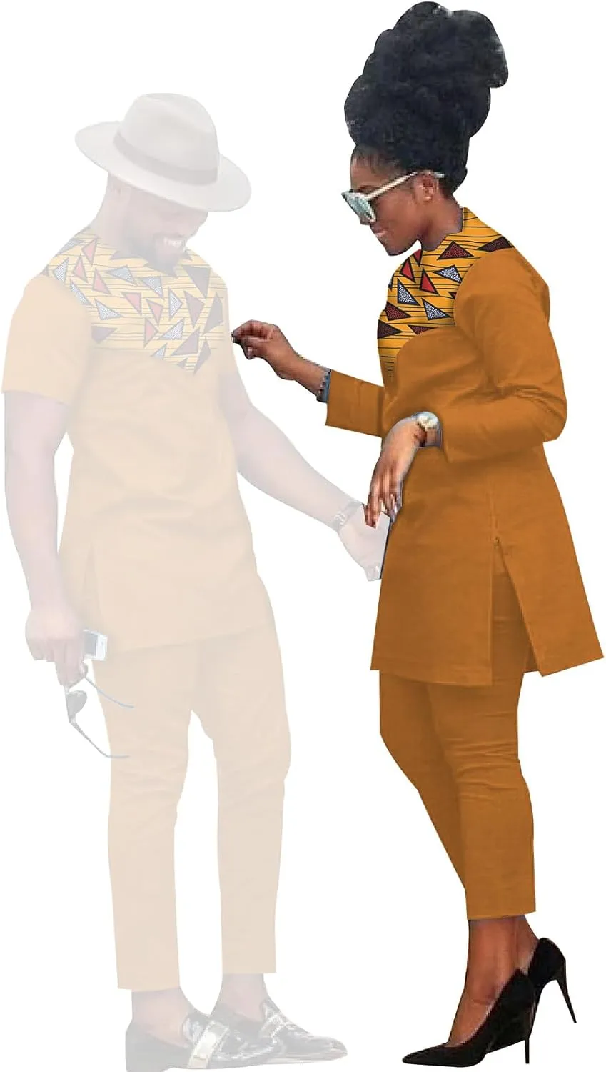 African Coupleswear Women's Ankara Printed Top and Trousers Set Bazin Riche Men's Matching Top and Trousers Set
