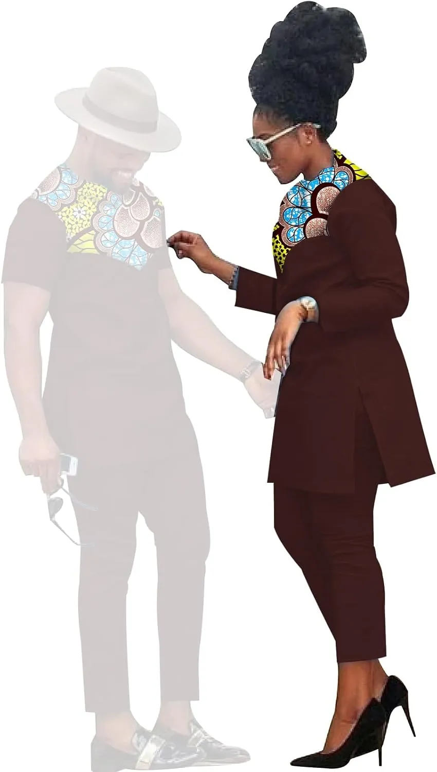 African Coupleswear Women's Ankara Printed Top and Trousers Set Bazin Riche Men's Matching Top and Trousers Set