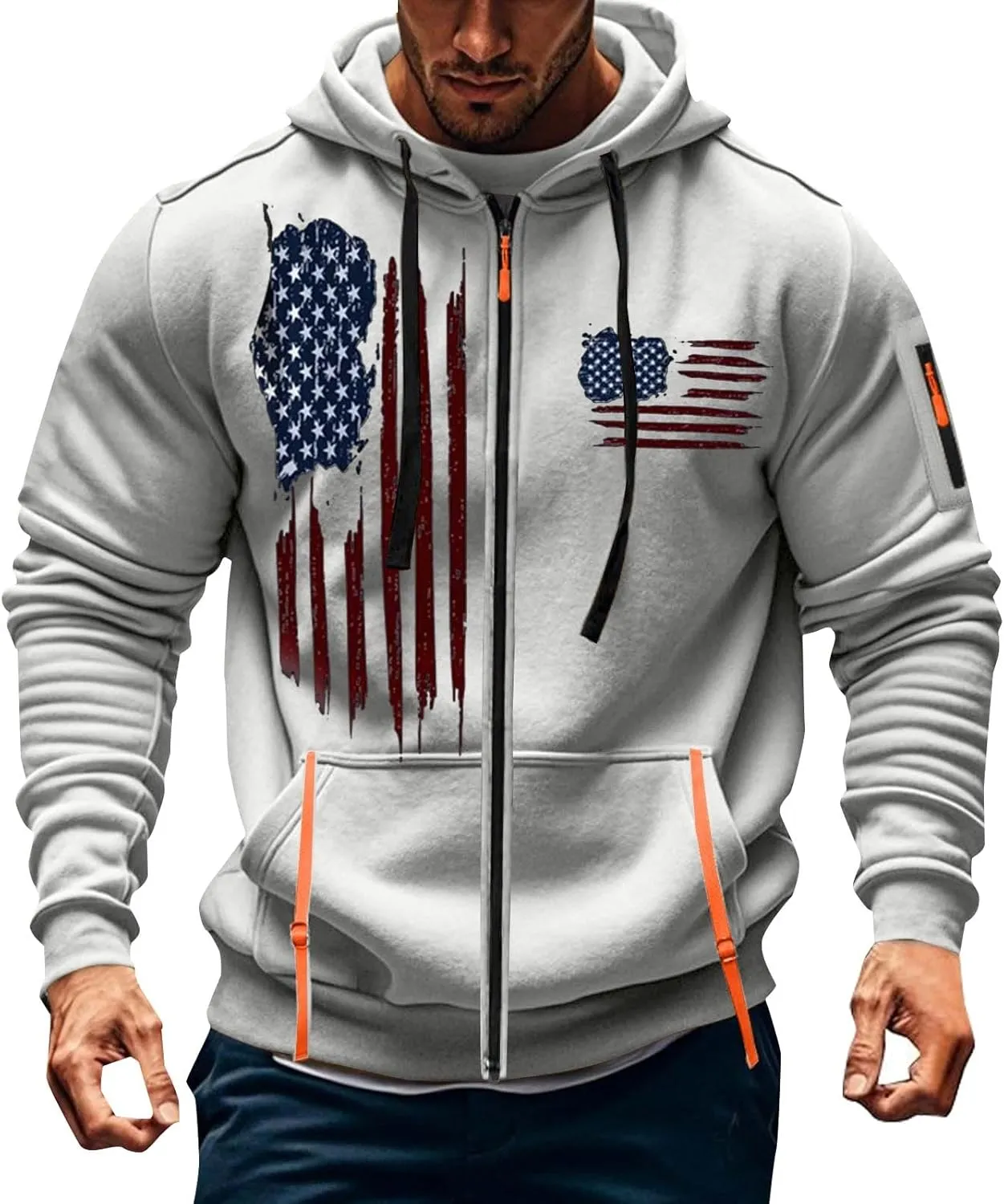 American Flag Hoodie Hoodies for Men Loose Print Zipper Long Sleeved Hoodie Loose Fit Heavyweight American Flag