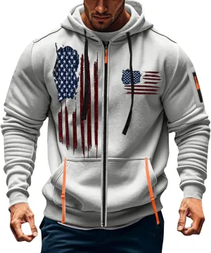American Flag Hoodie Hoodies for Men Loose Print Zipper Long Sleeved Hoodie Loose Fit Heavyweight American Flag