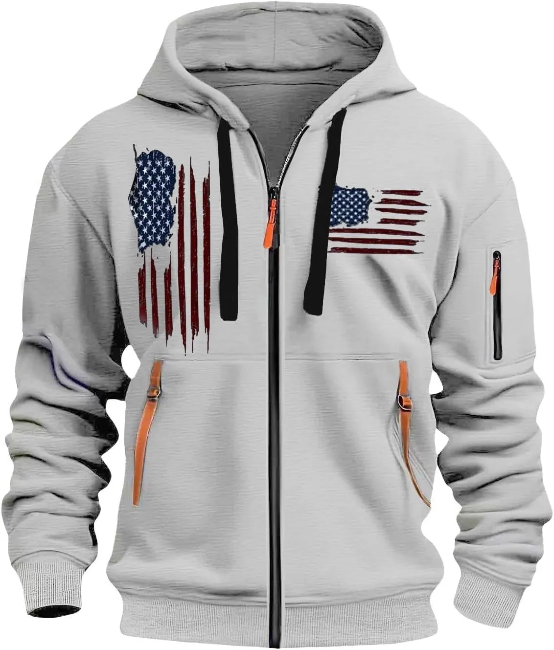 American Flag Hoodie Hoodies for Men Loose Print Zipper Long Sleeved Hoodie Loose Fit Heavyweight American Flag