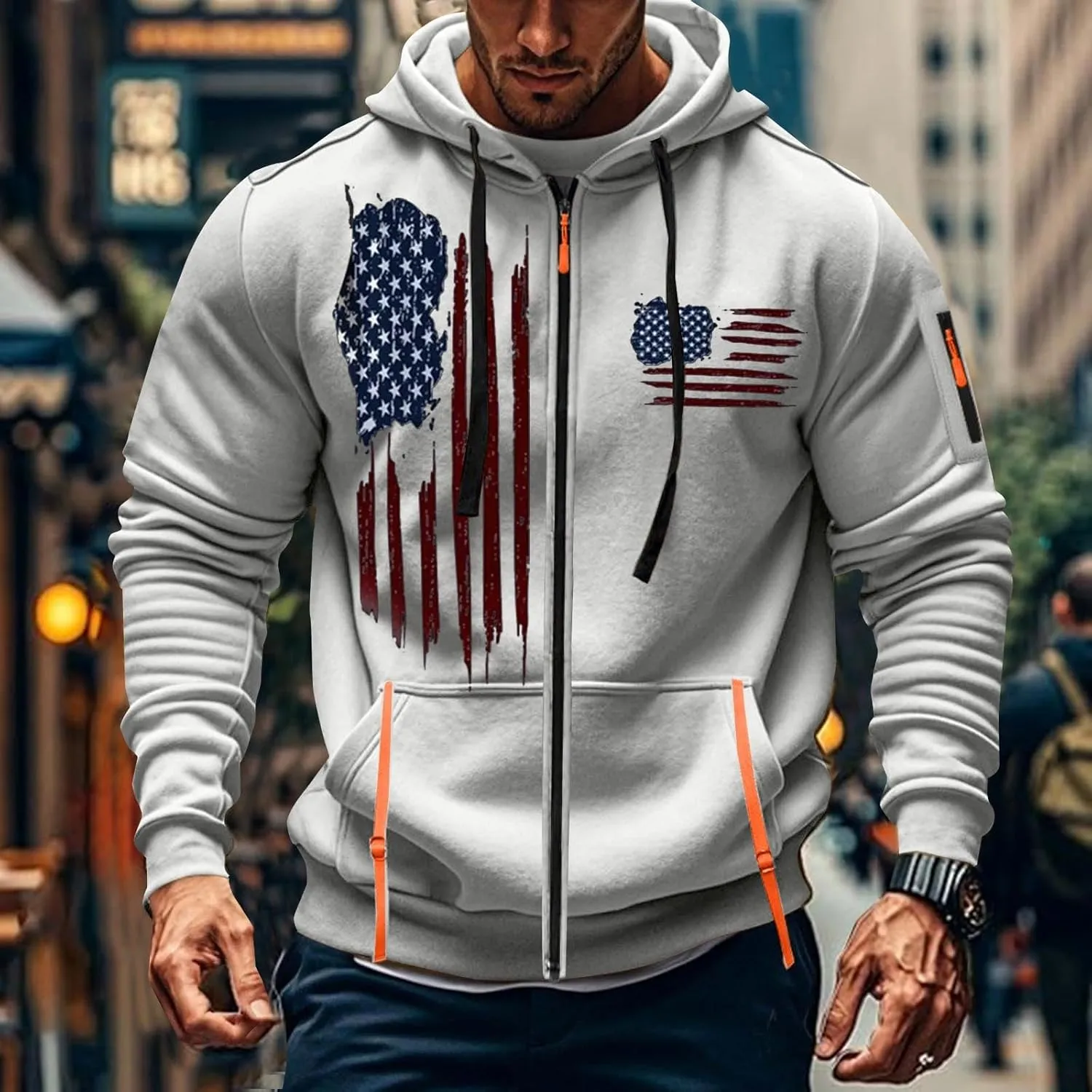 American Flag Hoodie Hoodies for Men Loose Print Zipper Long Sleeved Hoodie Loose Fit Heavyweight American Flag