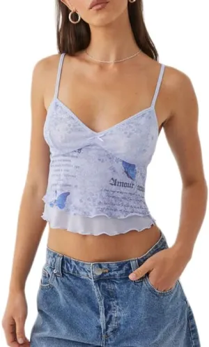 Argeousgor Women Y2K Mesh Tank Top Spaghetti Strap Sleeveless Square Neck Cami Tops Going Out Camisole Crop Top