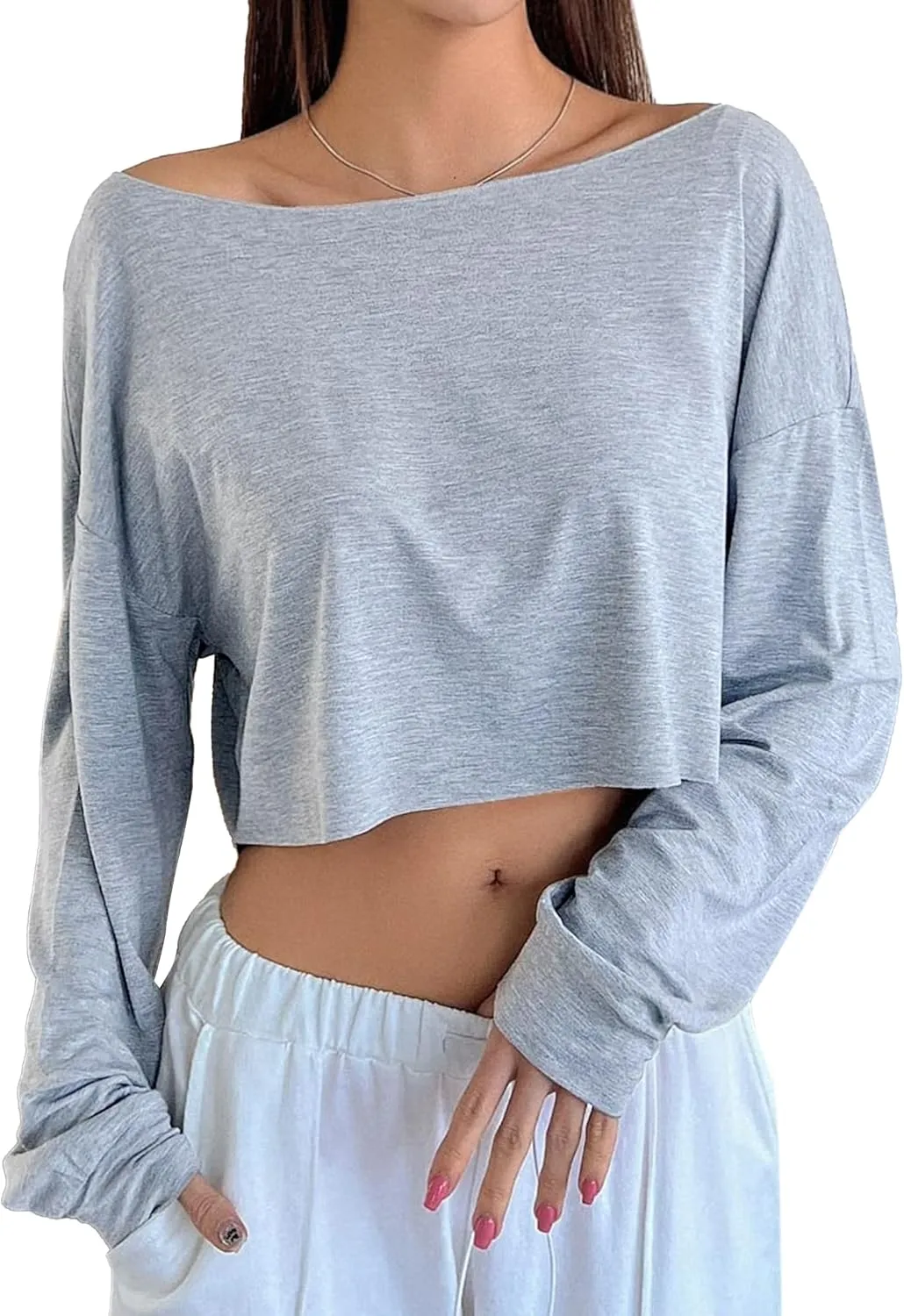 Avanova Women Off Shoulder Boat Neck Crop Tops Long Sleeves Oversized Loose Tee Shirts