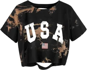 Avanova Women Tie Dye Graphic Ripped Tee Shirt Oversized Short Sleeve Distressed Crop Top
