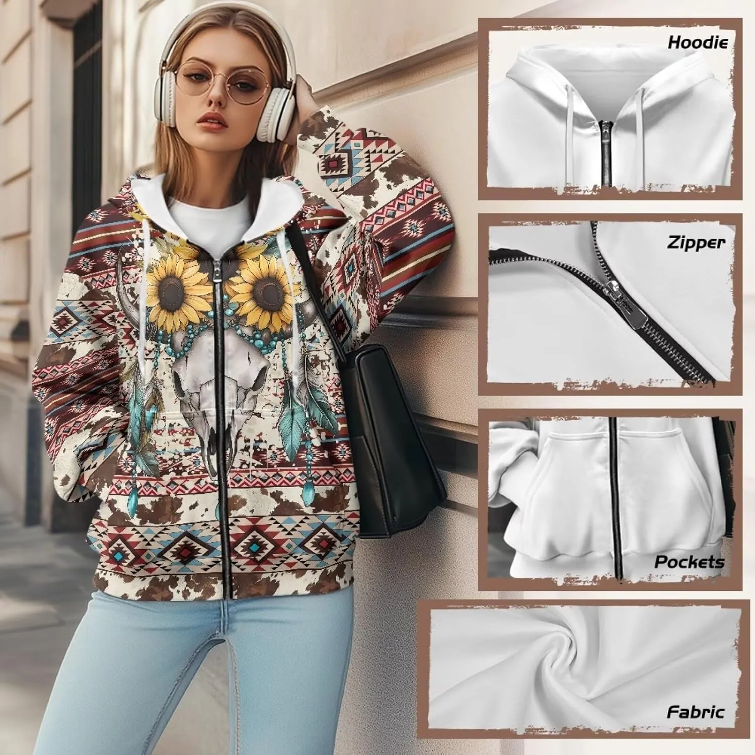 Aztec Zip up Hoodies for Women Western Geometric Print Western Ethnic Style Sweatshirts with Pocket Casual Jacket
