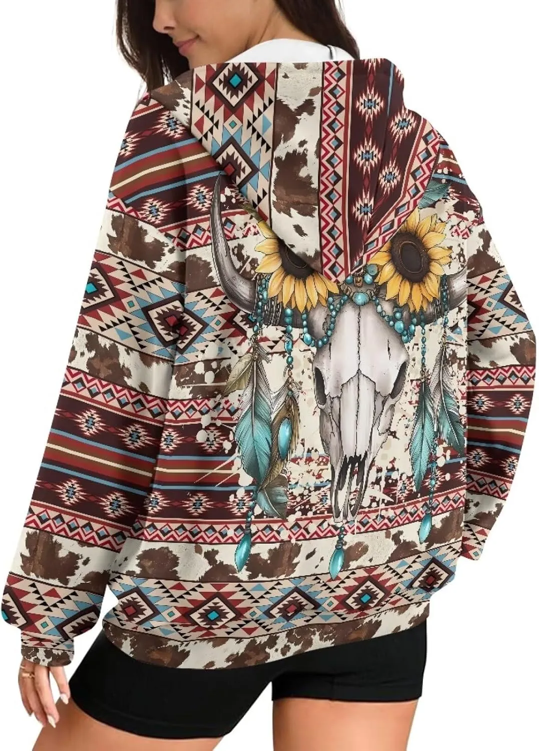 Aztec Zip up Hoodies for Women Western Geometric Print Western Ethnic Style Sweatshirts with Pocket Casual Jacket