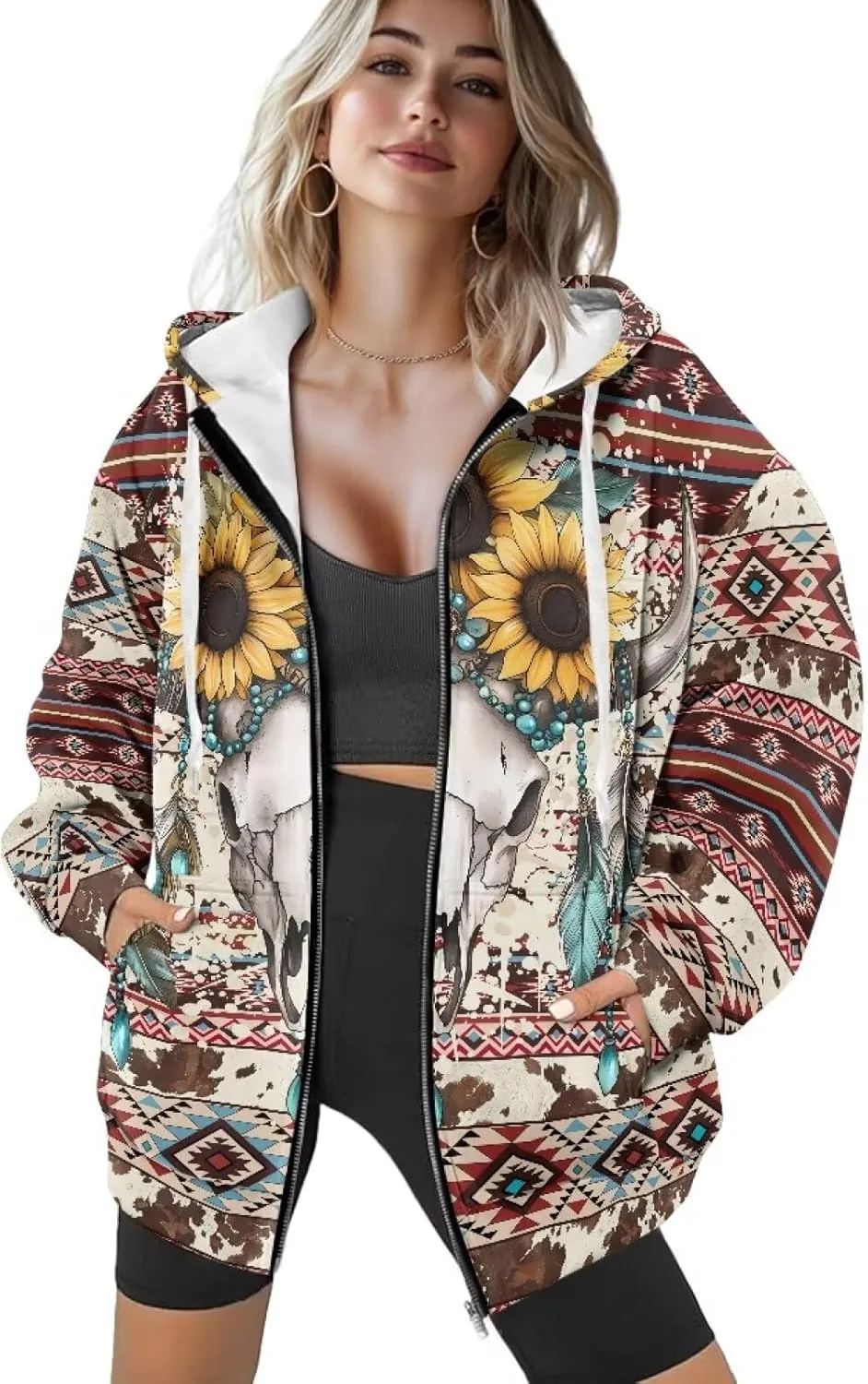 Aztec Zip up Hoodies for Women Western Geometric Print Western Ethnic Style Sweatshirts with Pocket Casual Jacket