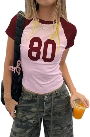 Baby Tee Women Y2k Short Sleeve Jersey Number Graphic Crop Top Slim Fit Crewneck Teen Girl Vintage Going Out Shirt