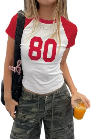 Baby Tee Women Y2k Short Sleeve Jersey Number Graphic Crop Top Slim Fit Crewneck Teen Girl Vintage Going Out Shirt