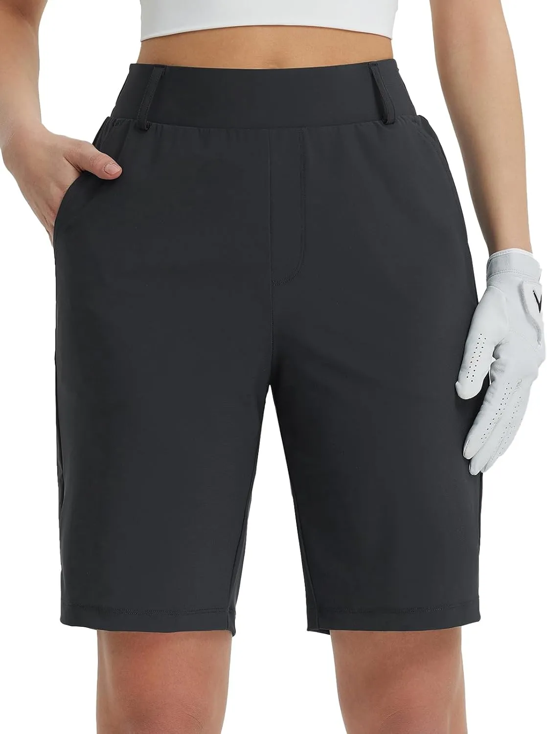 BALEAF Women's Golf Shorts 9'' Knee Length Stretch Bermuda Long Shorts Belt Loops Pockets Casual Work UPF 50 