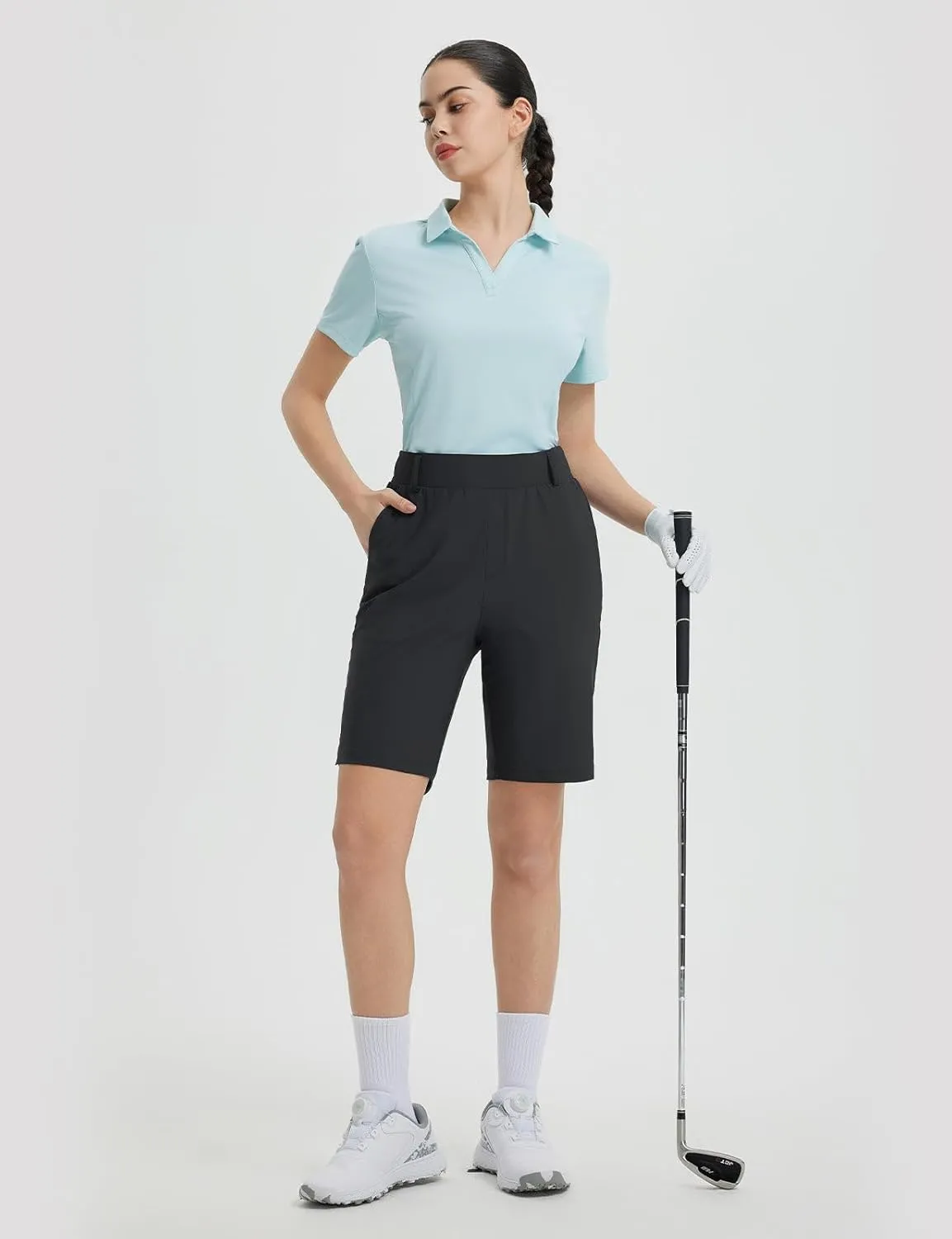 BALEAF Women's Golf Shorts 9'' Knee Length Stretch Bermuda Long Shorts Belt Loops Pockets Casual Work UPF 50 