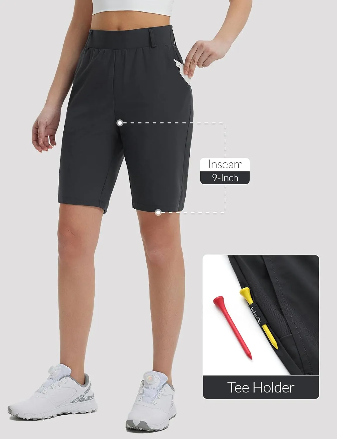 BALEAF Women's Golf Shorts 9'' Knee Length Stretch Bermuda Long Shorts Belt Loops Pockets Casual Work UPF 50 