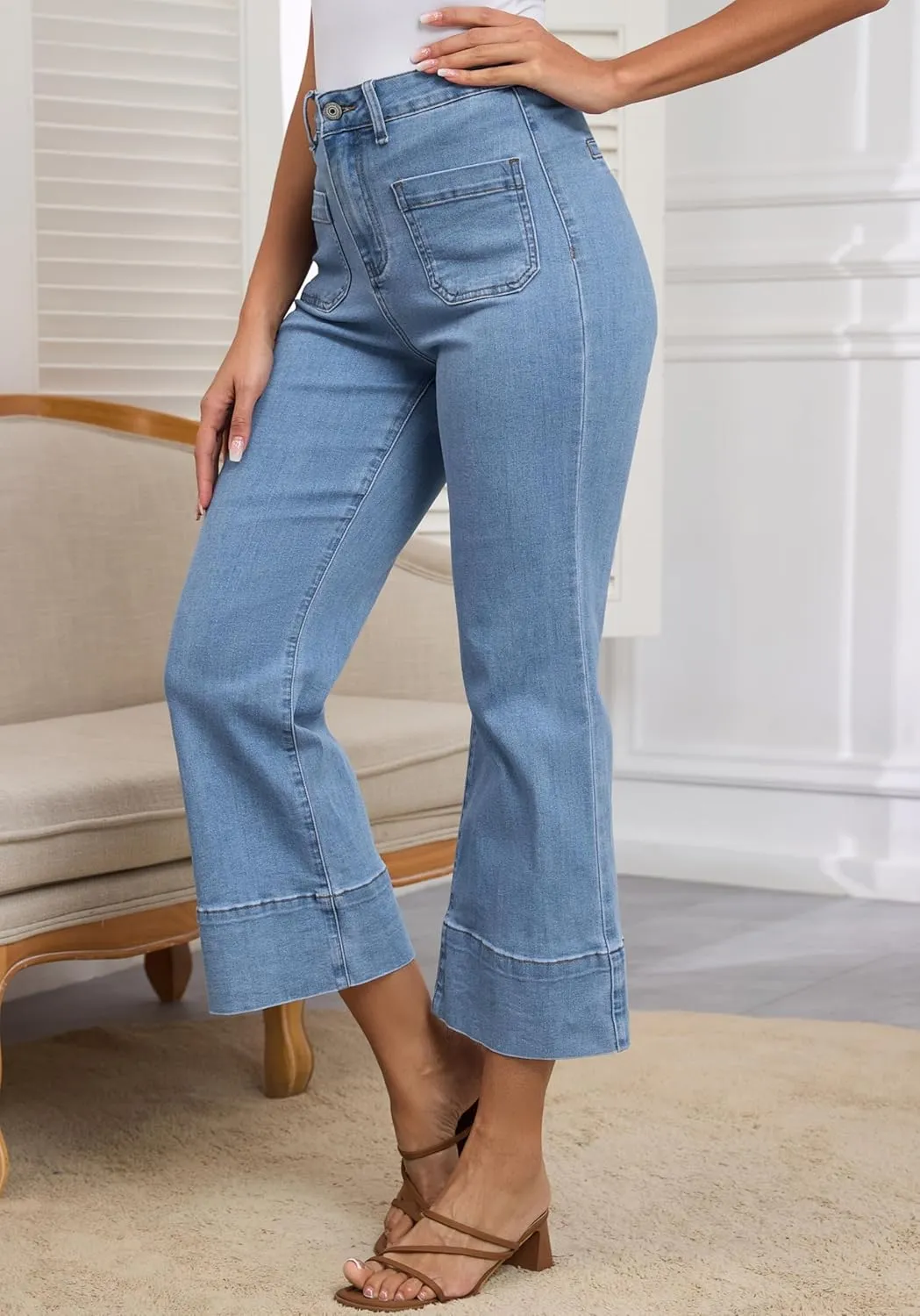Bell Bottom Jeans for Women Cropped Stretchy High Waist Loose Casual Women Stretch Jeans
