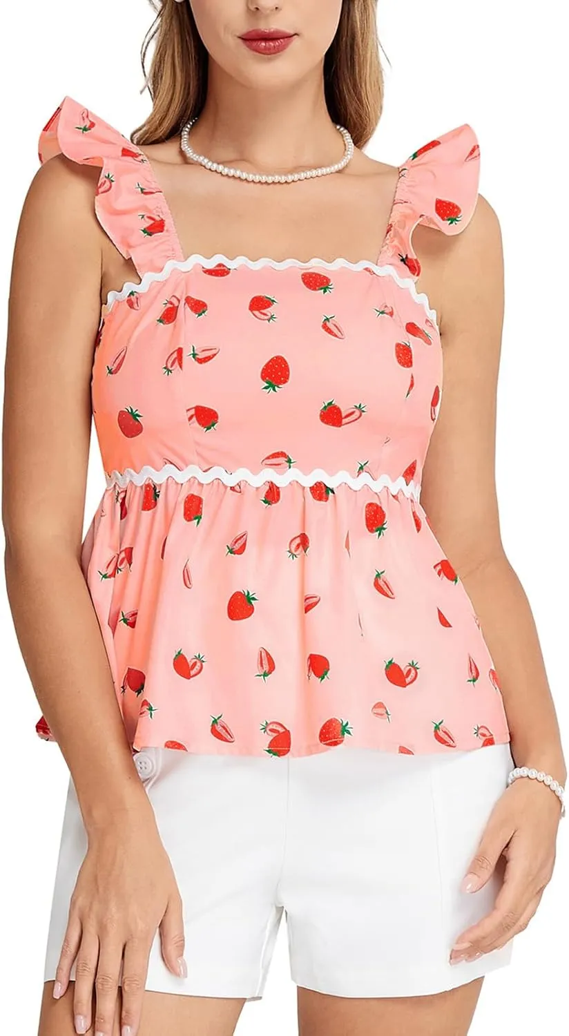 Belle Poque Womens Summer Cute Tops Square Neck Peplum Top Babydoll Ruffle Sleeveless Top Vintage Tops Trendy 2025
