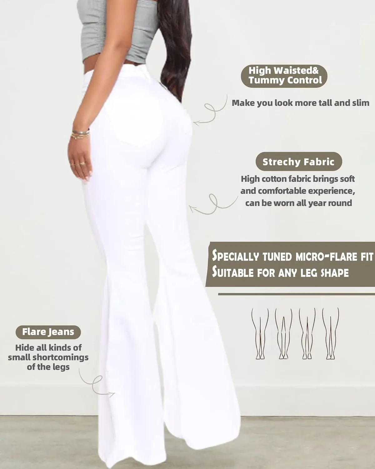 BISUAL Women's Fashion High Rise Jeans Slimming Wide Leg Stretch Denim Flare Bellbottom Jeans