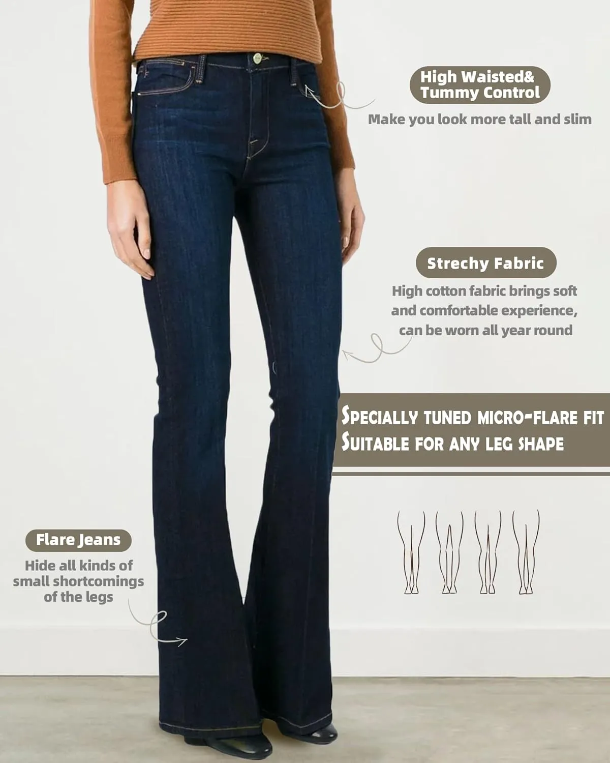 BISUAL Women's Fashion High Rise Jeans Slimming Wide Leg Stretch Denim Flare Bellbottom Jeans