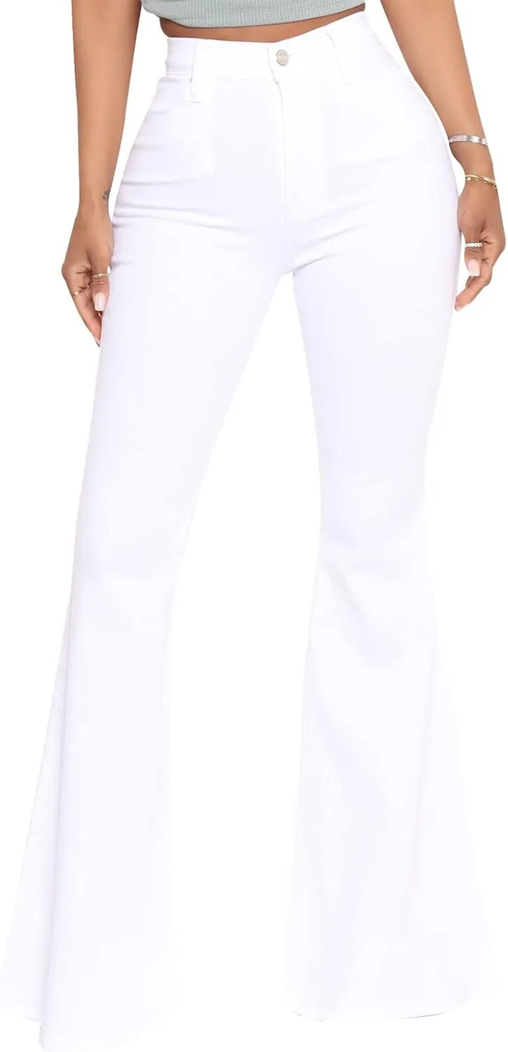BISUAL Women's Fashion High Rise Jeans Slimming Wide Leg Stretch Denim Flare Bellbottom Jeans