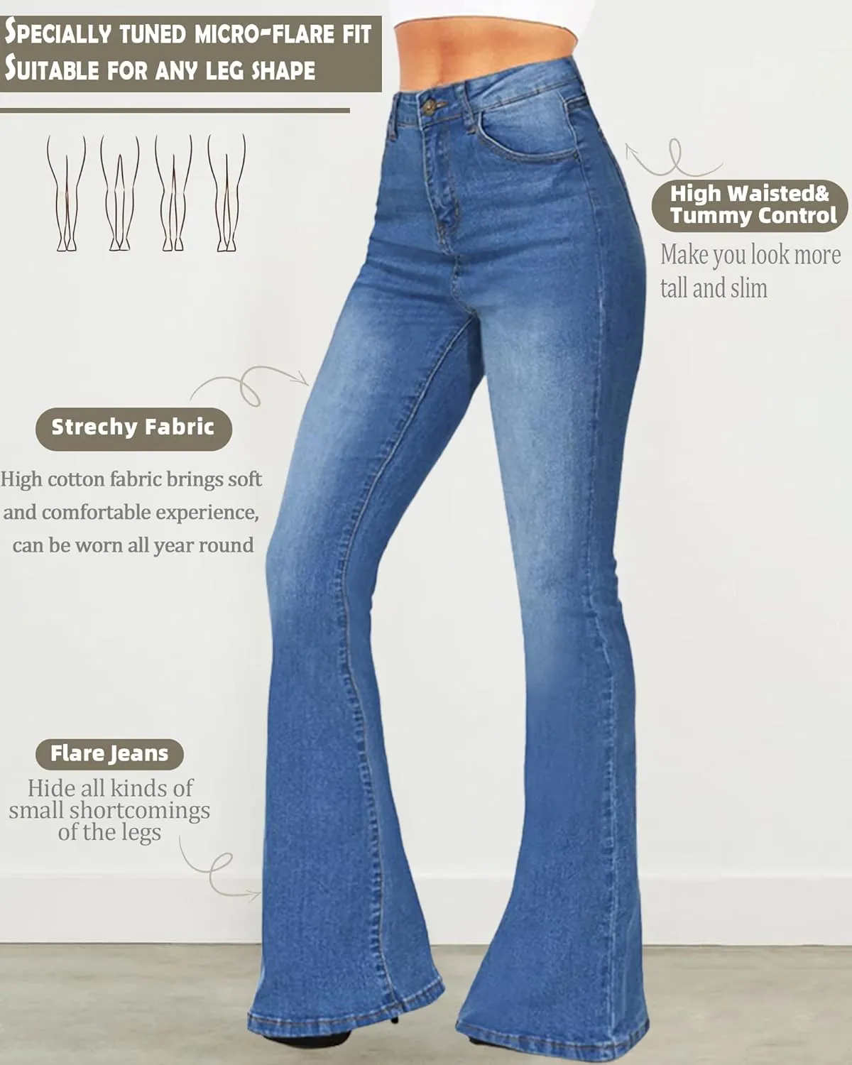 BISUAL Women's Fashion High Rise Jeans Slimming Wide Leg Stretch Denim Flare Bellbottom Jeans