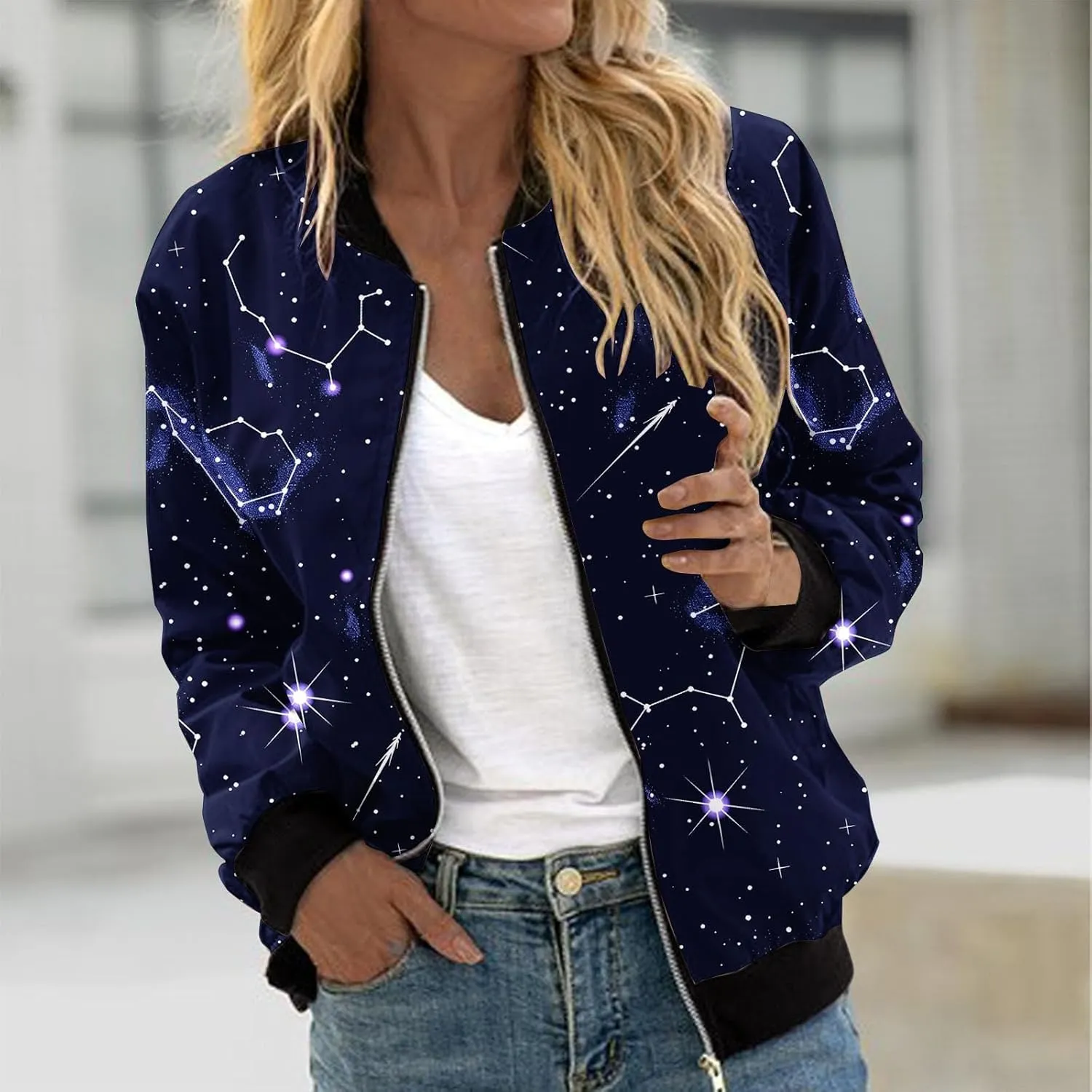 Bomber Jacket Women 2024 Trendy Causal Floral Zip Up Coat Long Sleeve Stand Collar Fall Jackets Lightweight Outerwear
