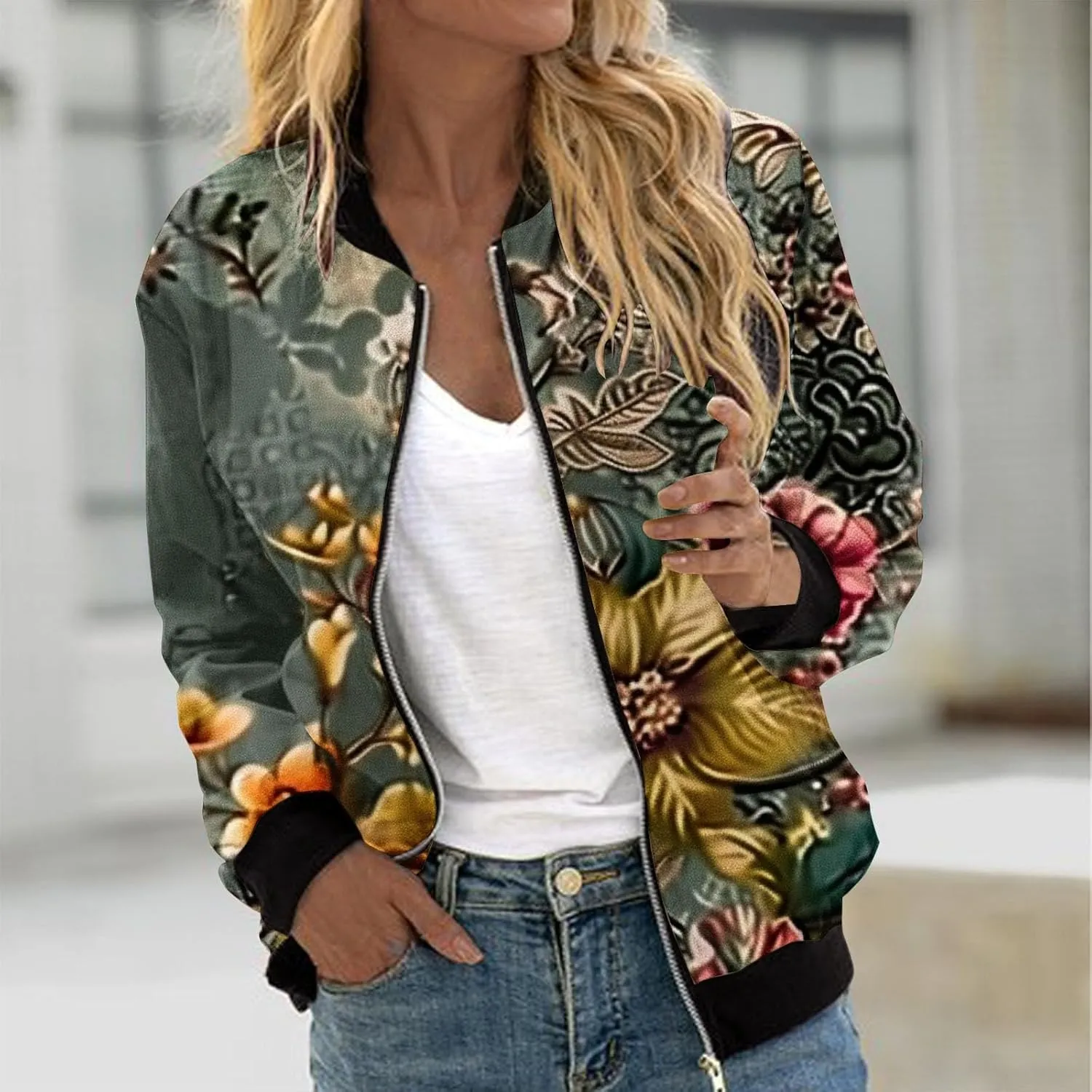 Bomber Jacket Women 2024 Trendy Causal Floral Zip Up Coat Long Sleeve Stand Collar Fall Jackets Lightweight Outerwear