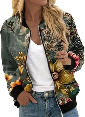 Bomber Jacket Women 2024 Trendy Causal Floral Zip Up Coat Long Sleeve Stand Collar Fall Jackets Lightweight Outerwear