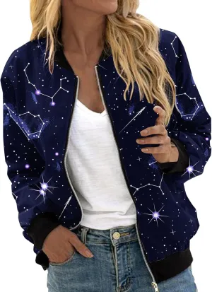 Bomber Jacket Women 2024 Trendy Causal Floral Zip Up Coat Long Sleeve Stand Collar Fall Jackets Lightweight Outerwear