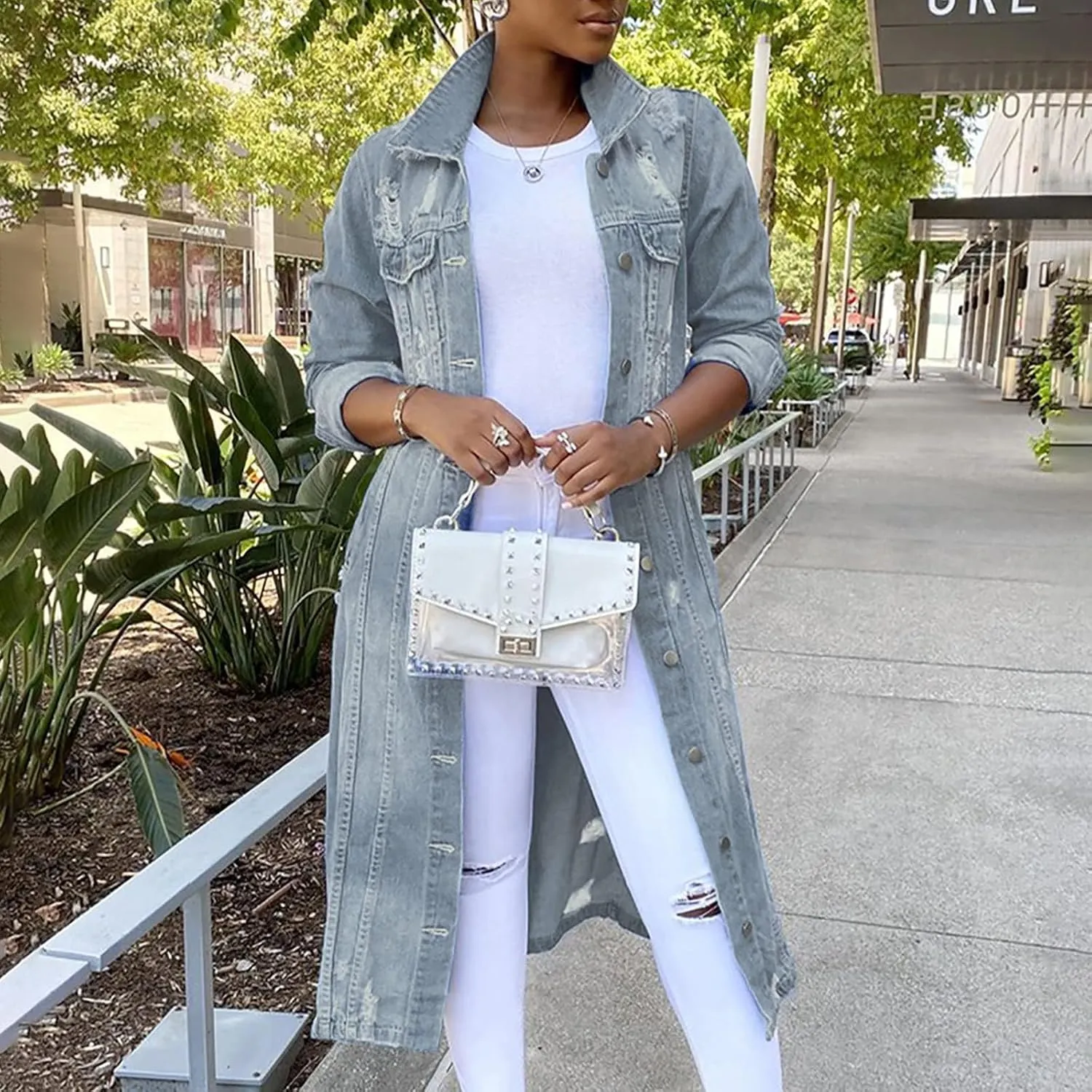 BORAMAX Women's Fashion Ripped Holes Maxi Long Denim Jacket Trench Coat Retro Blue Jackets Lapel Button Oversized Trench Coat