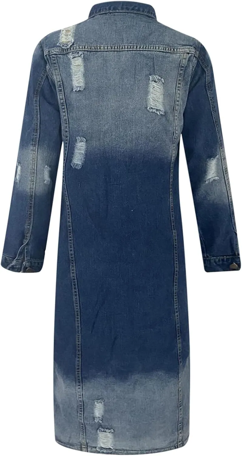 BORAMAX Women's Fashion Ripped Holes Maxi Long Denim Jacket Trench Coat Retro Blue Jackets Lapel Button Oversized Trench Coat