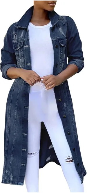 BORAMAX Women's Fashion Ripped Holes Maxi Long Denim Jacket Trench Coat Retro Blue Jackets Lapel Button Oversized Trench Coat