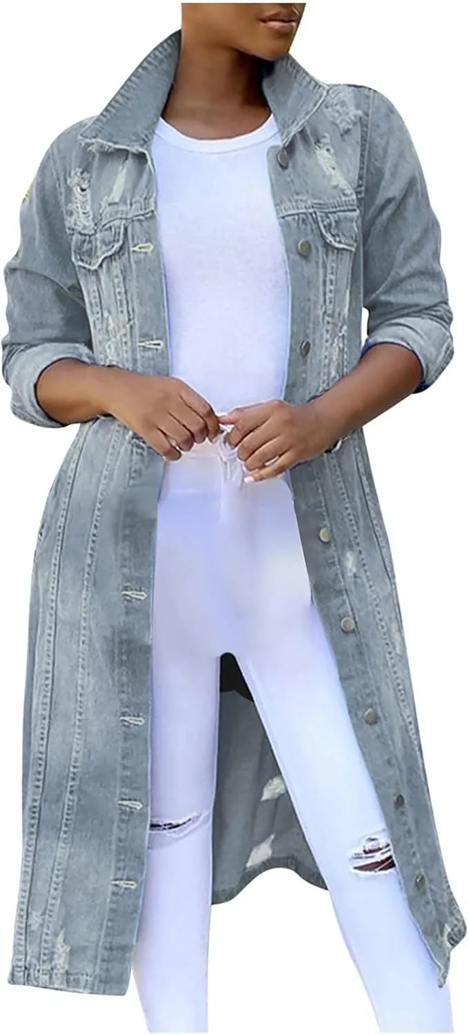 BORAMAX Women's Fashion Ripped Holes Maxi Long Denim Jacket Trench Coat Retro Blue Jackets Lapel Button Oversized Trench Coat