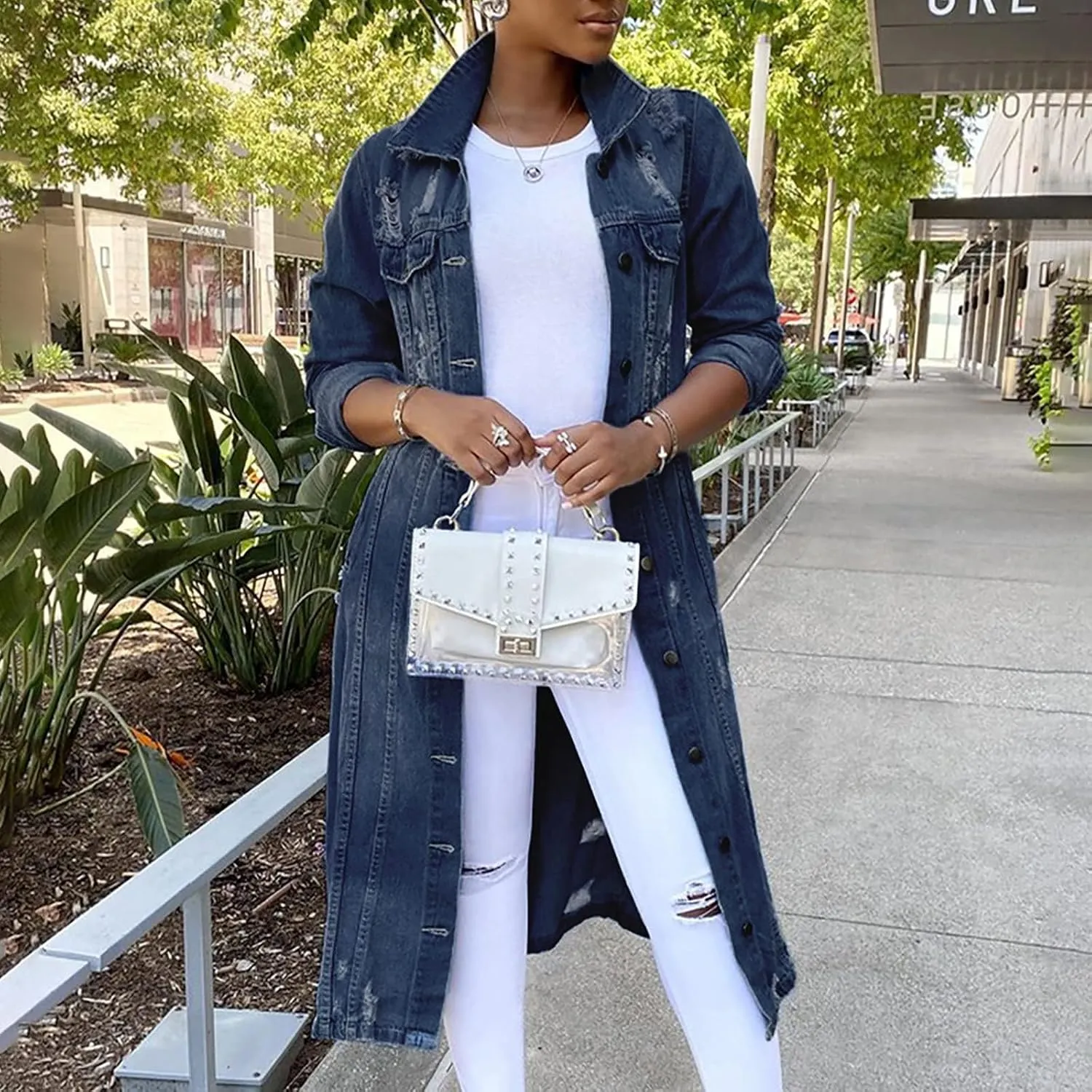 BORAMAX Women's Fashion Ripped Holes Maxi Long Denim Jacket Trench Coat Retro Blue Jackets Lapel Button Oversized Trench Coat