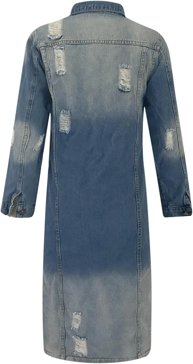 BORAMAX Women's Fashion Ripped Holes Maxi Long Denim Jacket Trench Coat Retro Blue Jackets Lapel Button Oversized Trench Coat