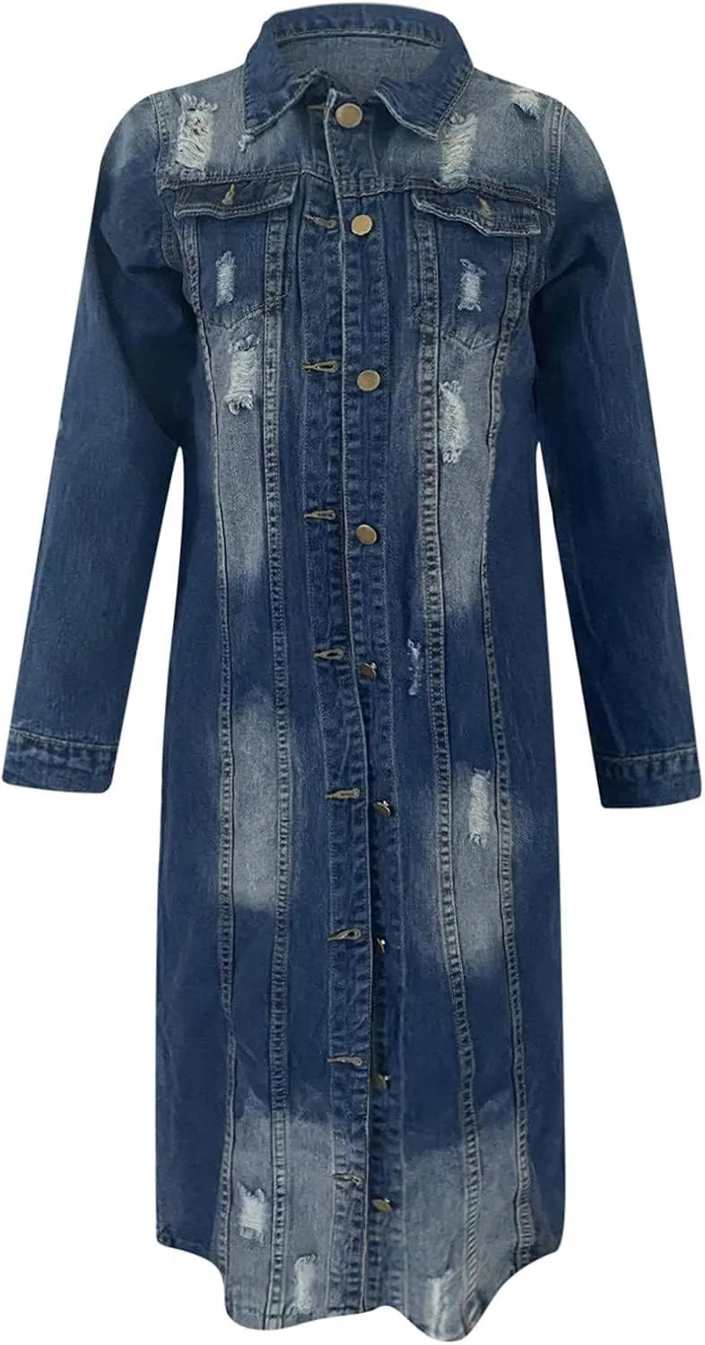 BORAMAX Women's Fashion Ripped Holes Maxi Long Denim Jacket Trench Coat Retro Blue Jackets Lapel Button Oversized Trench Coat