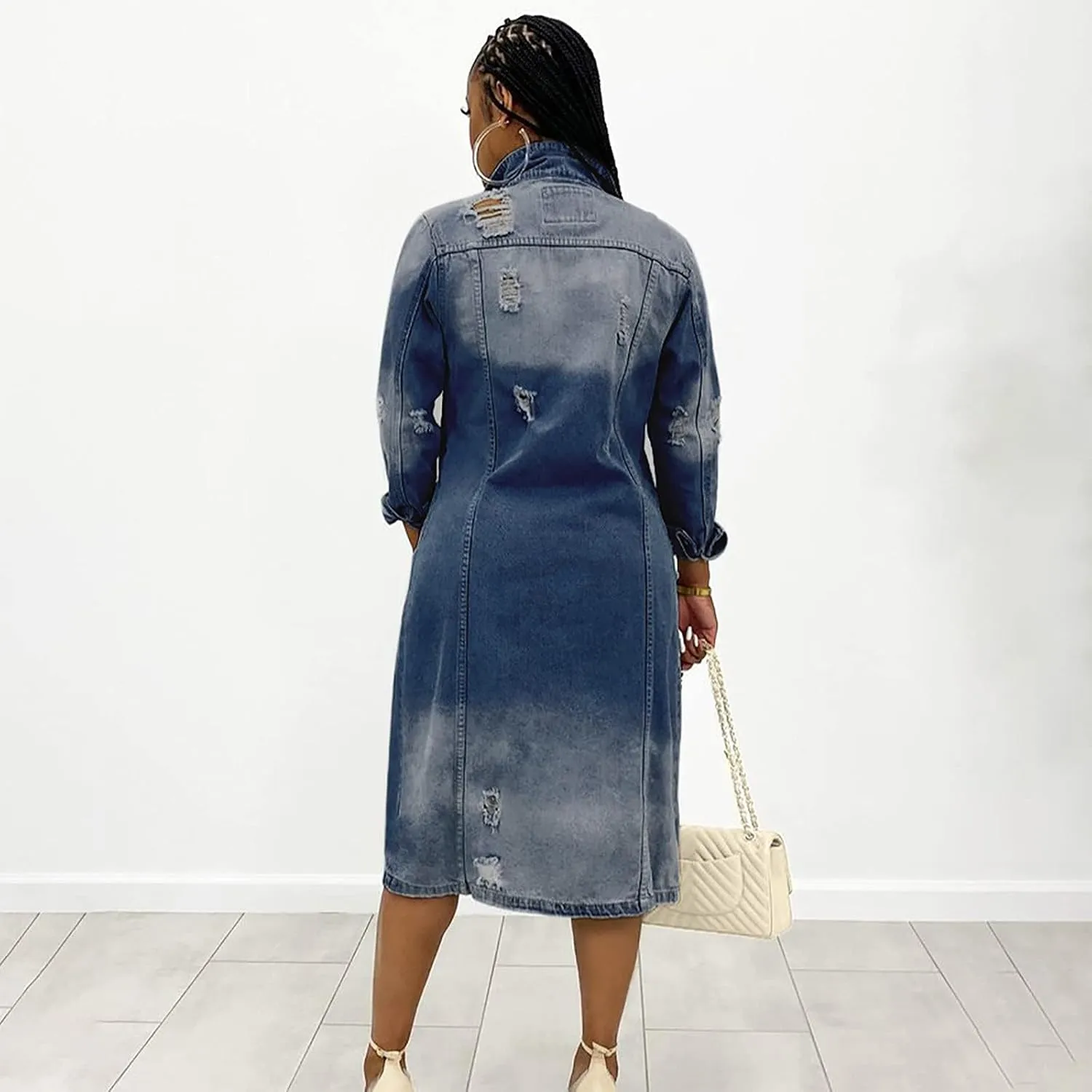 BORAMAX Women's Fashion Ripped Holes Maxi Long Denim Jacket Trench Coat Retro Blue Jackets Lapel Button Oversized Trench Coat