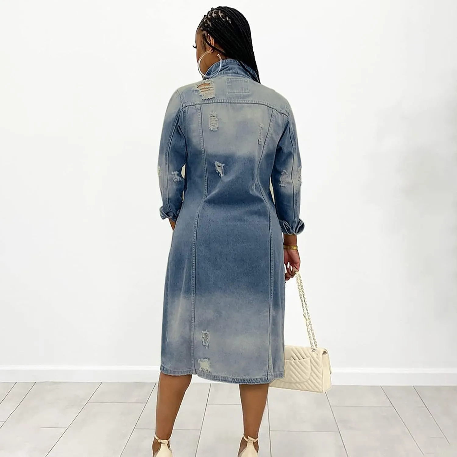 BORAMAX Women's Fashion Ripped Holes Maxi Long Denim Jacket Trench Coat Retro Blue Jackets Lapel Button Oversized Trench Coat