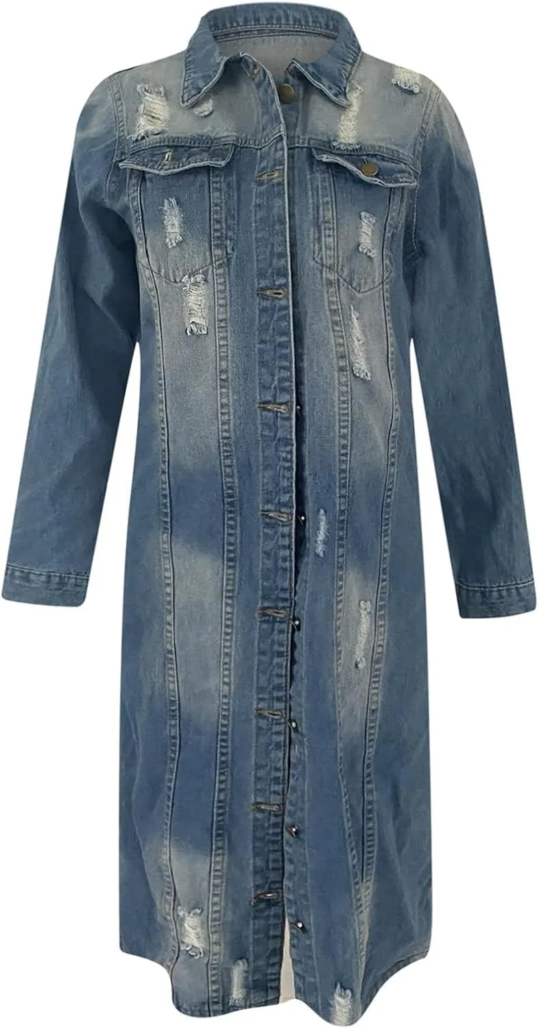 BORAMAX Women's Fashion Ripped Holes Maxi Long Denim Jacket Trench Coat Retro Blue Jackets Lapel Button Oversized Trench Coat