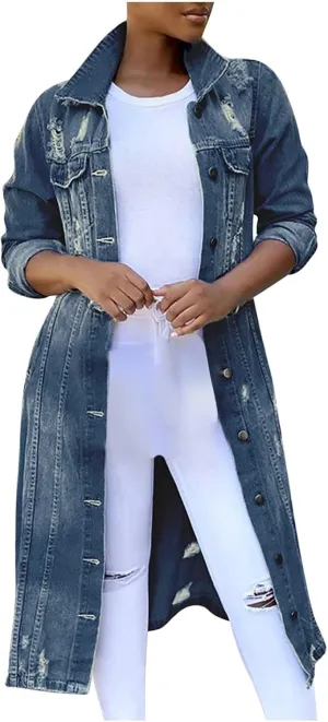 BORAMAX Women's Fashion Ripped Holes Maxi Long Denim Jacket Trench Coat Retro Blue Jackets Lapel Button Oversized Trench Coat