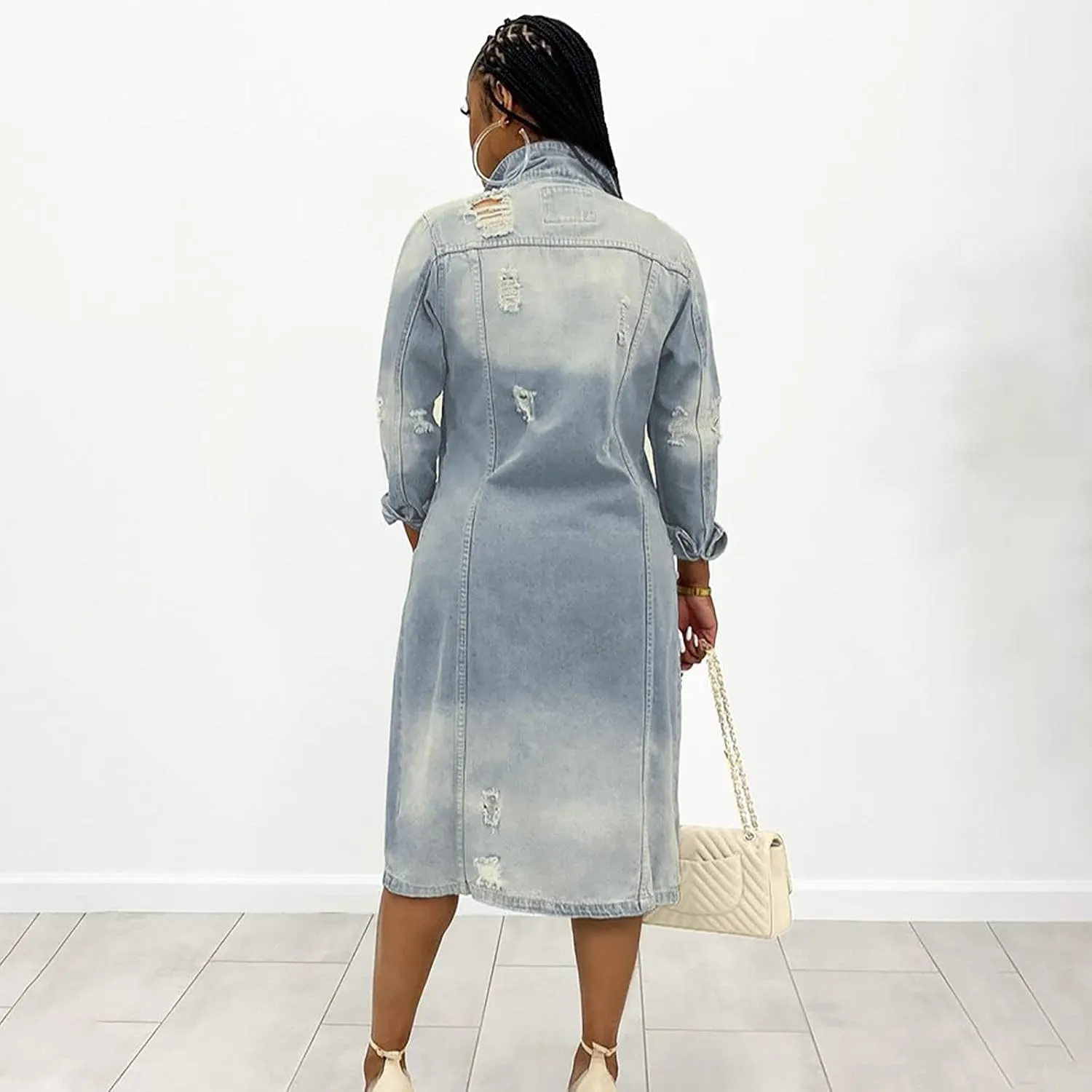BORAMAX Women's Fashion Ripped Holes Maxi Long Denim Jacket Trench Coat Retro Blue Jackets Lapel Button Oversized Trench Coat