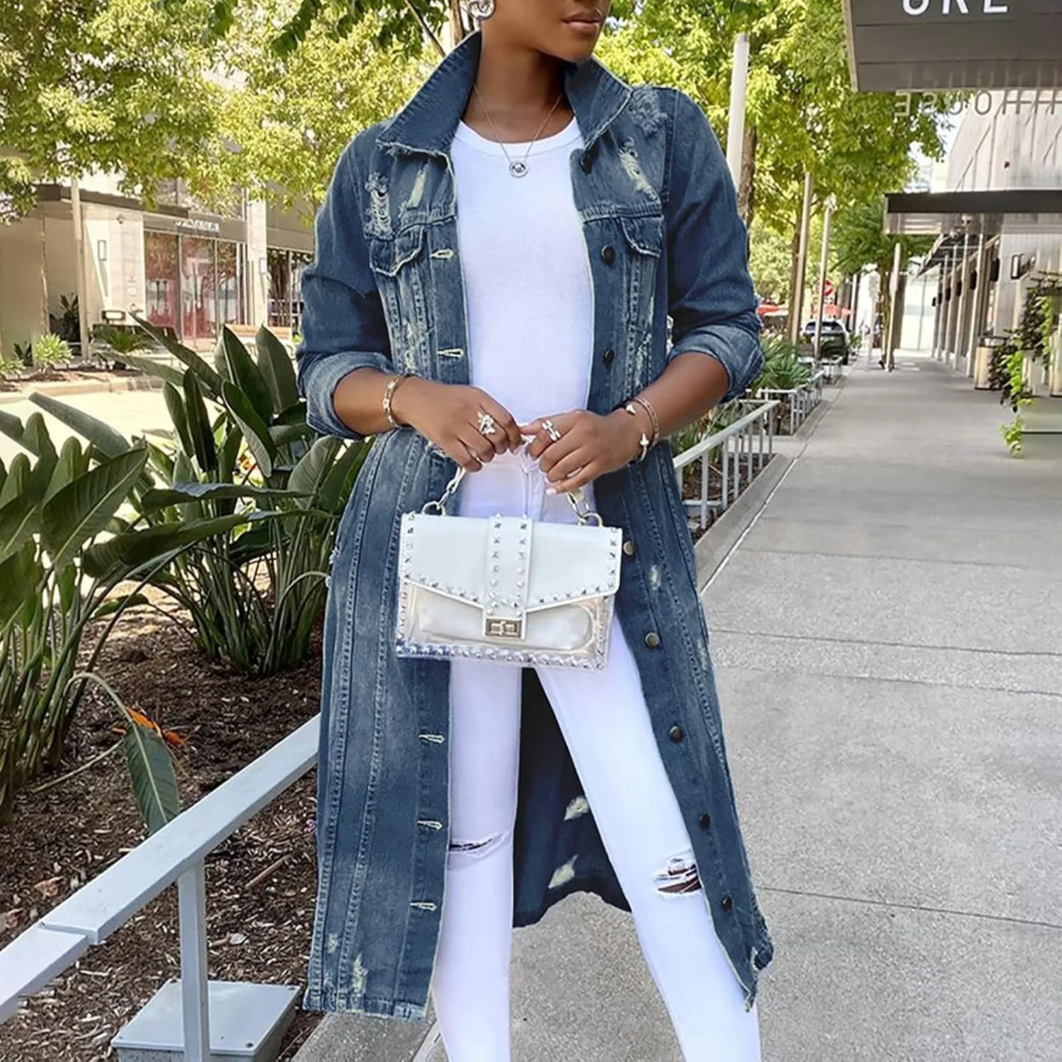 BORAMAX Women's Fashion Ripped Holes Maxi Long Denim Jacket Trench Coat Retro Blue Jackets Lapel Button Oversized Trench Coat