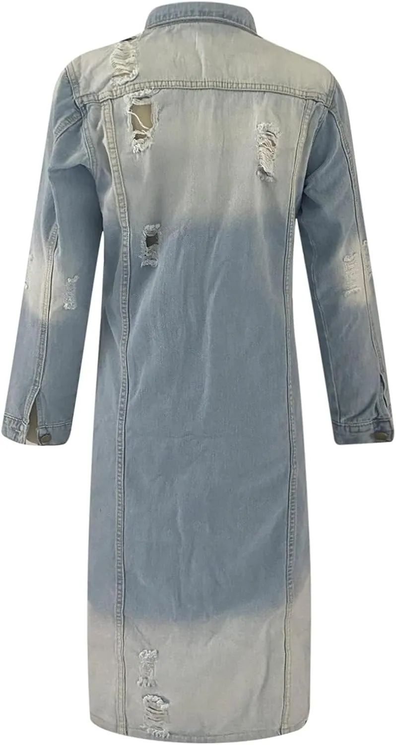 BORAMAX Women's Fashion Ripped Holes Maxi Long Denim Jacket Trench Coat Retro Blue Jackets Lapel Button Oversized Trench Coat