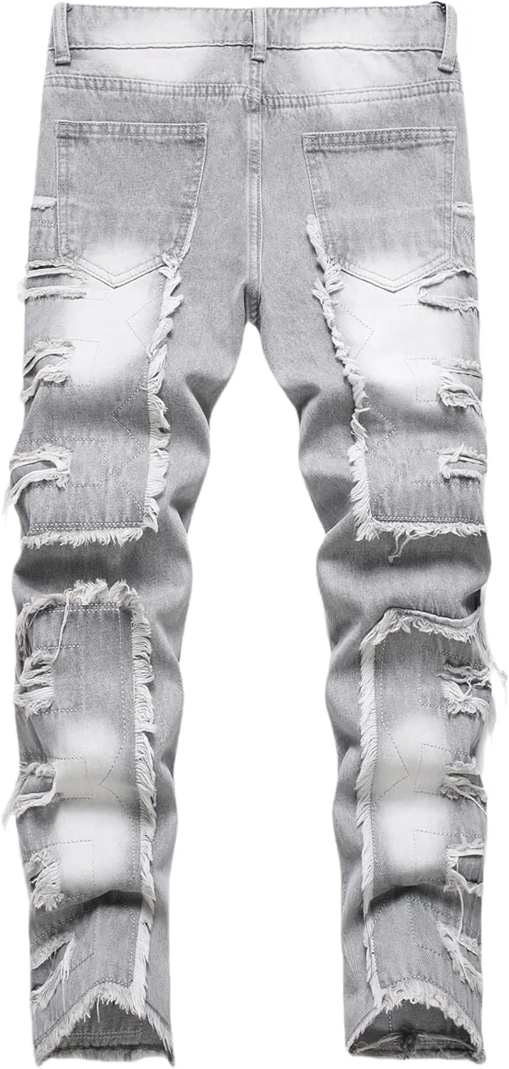 Boy's Stacked Jeans Skinny Fit Ripped Destroyed Distressed Fashion Comfy Denim Jeans Pants