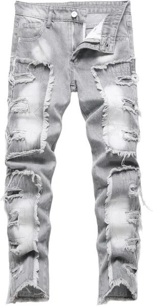 Boy's Stacked Jeans Skinny Fit Ripped Destroyed Distressed Fashion Comfy Denim Jeans Pants