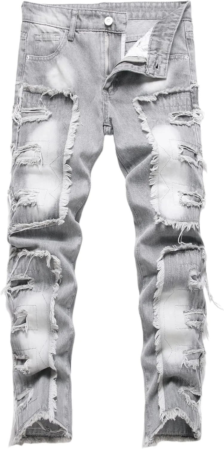 Boy's Stacked Jeans Skinny Fit Ripped Destroyed Distressed Fashion Comfy Denim Jeans Pants