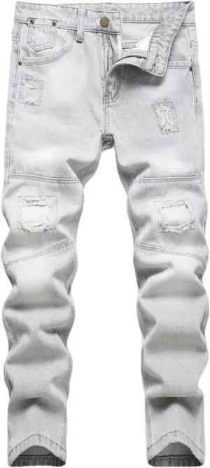 Boy's Stacked Jeans Skinny Fit Ripped Destroyed Distressed Fashion Comfy Denim Jeans Pants
