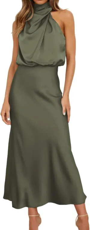 BZSFW Women's 2024 Summer Satin Dress Elegant Sleeveless Mock Neck Cocktail Party Maxi Dresses